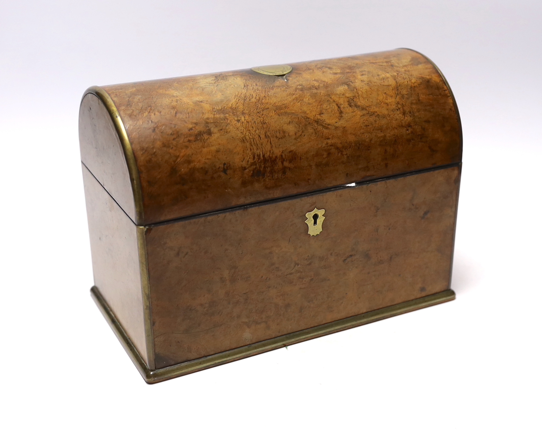 A Victorian burr walnut brass inlaid domed topped tea caddy with domed top interior and a brass inlaid rosewood tea caddy, largest 25cm wide